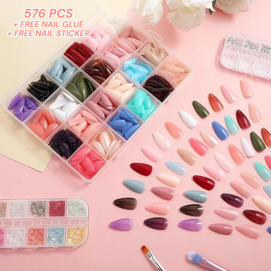 Artificial Nails Pack - 576 Nails with Glue & Stickers